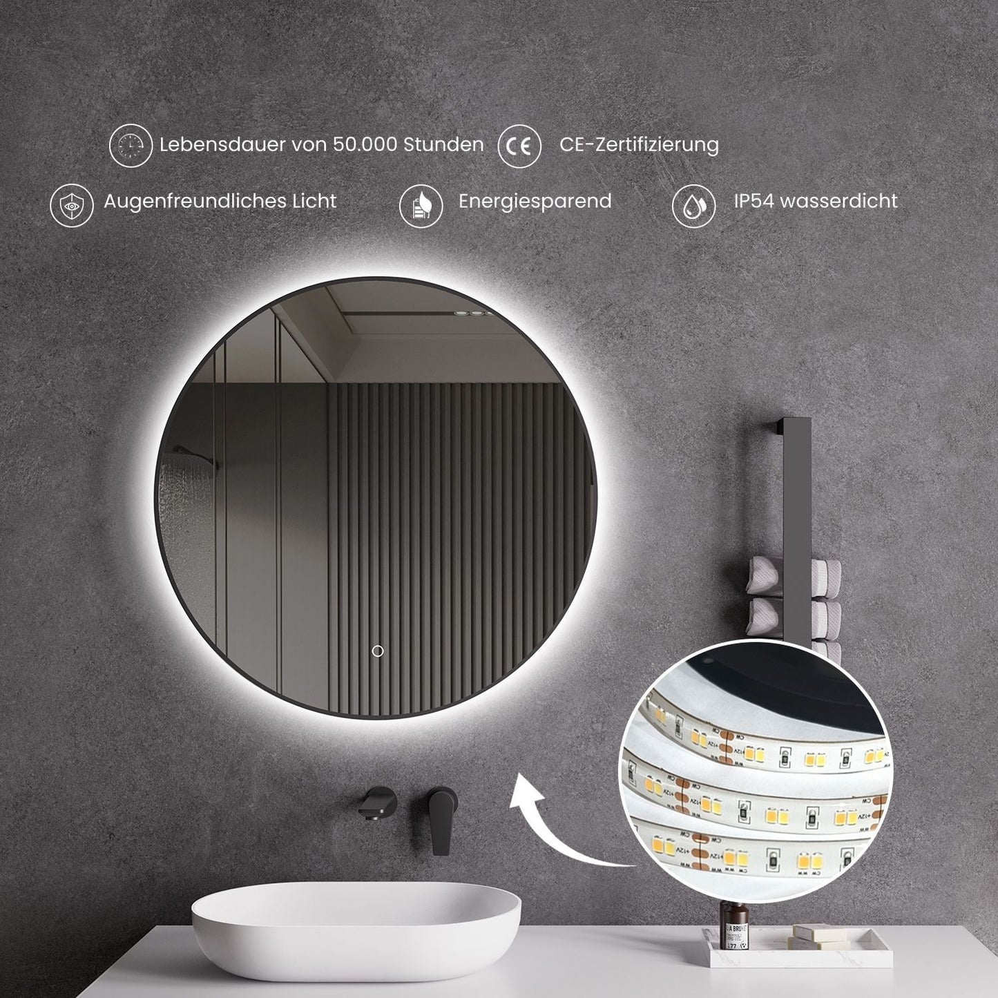 LED Spiegel mit Spiegelheizung Ø 60, 80, 100 cm Schwarz Matt Warm-/Kaltlichteinstellung Badspiegel