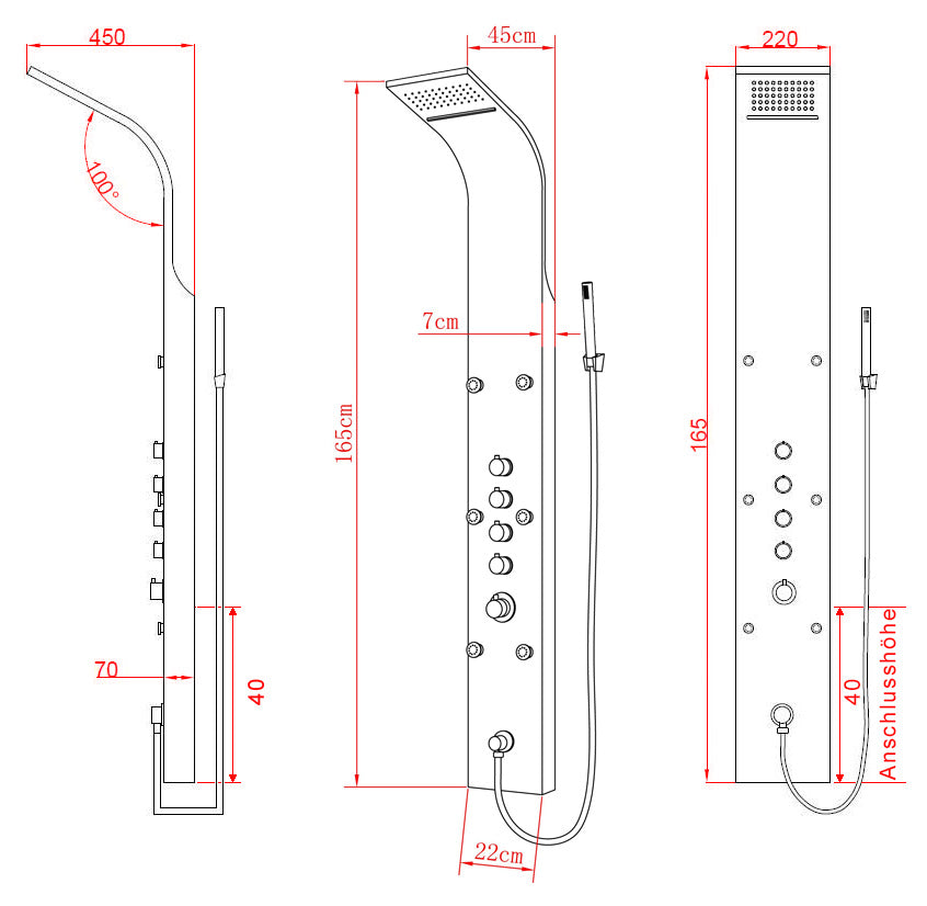 Luxus Edelstahl Duschpaneel mit 6 Hydro Massagejets & Wasserfalldusche