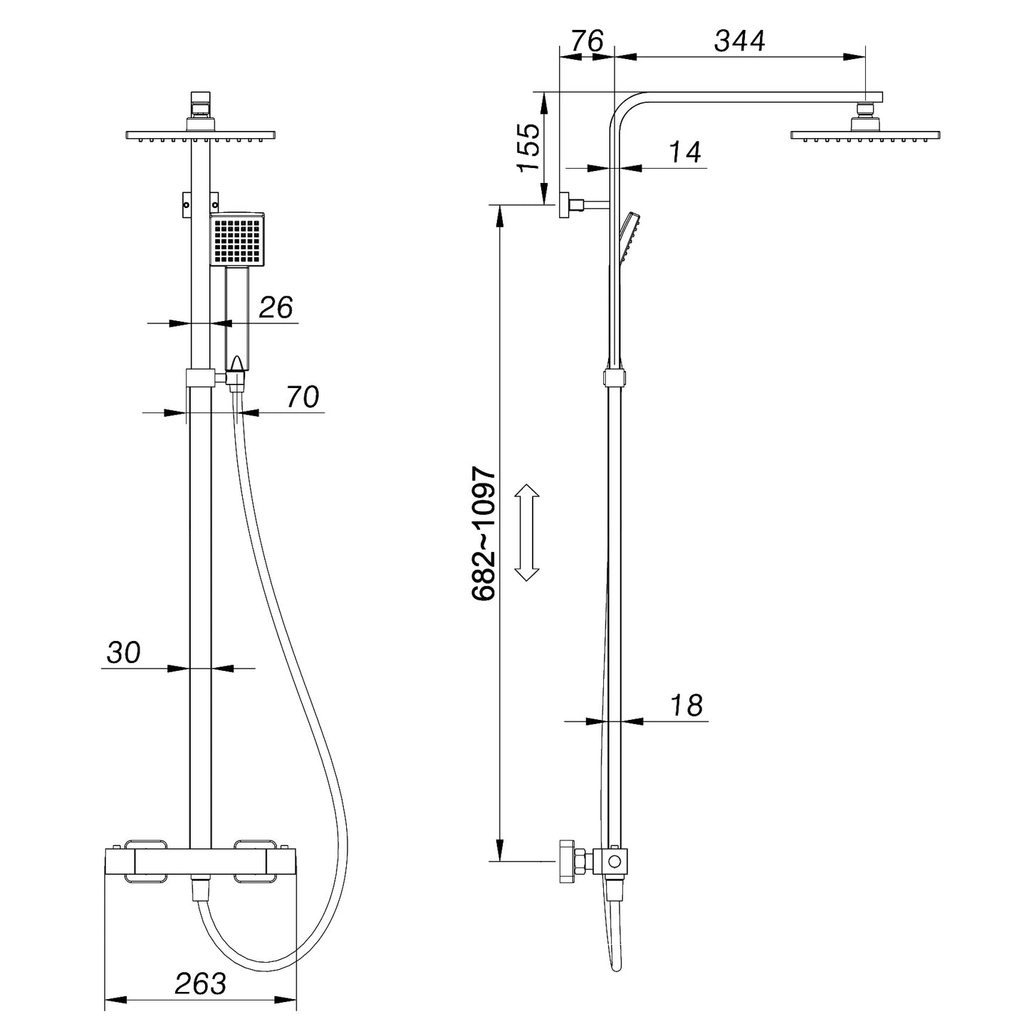 Designer Duschsäule Serie "Park" Höhenverstellbar mit Regendusche, Thermostat und Handbrause