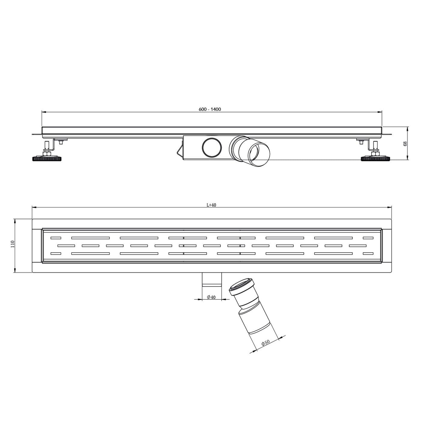 Profi Duschrinne mit Ablaufrost 60-140cm Edelstahl
