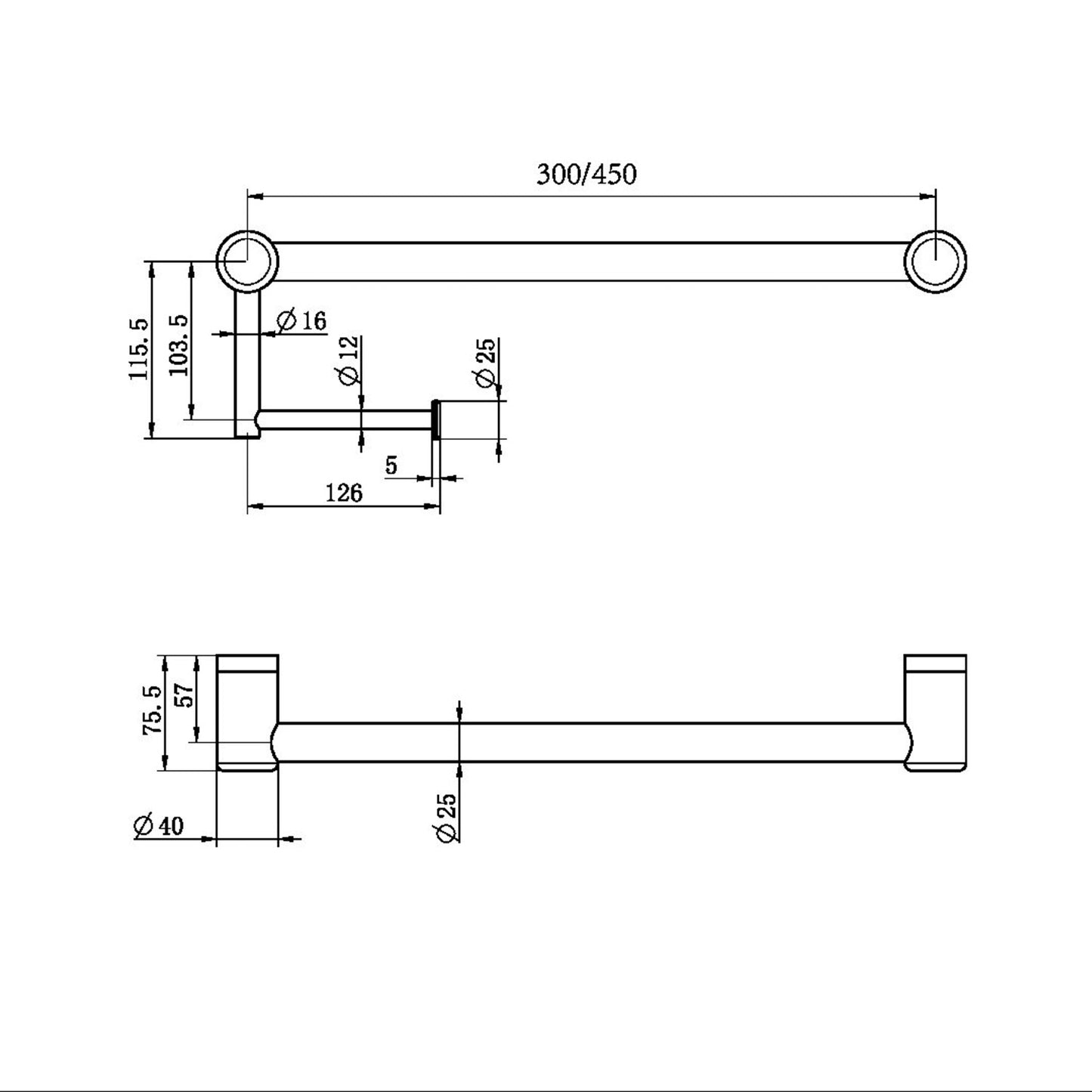 Mecca CARE 25 mm WC-Rollenschiene mit Halter 300 mm