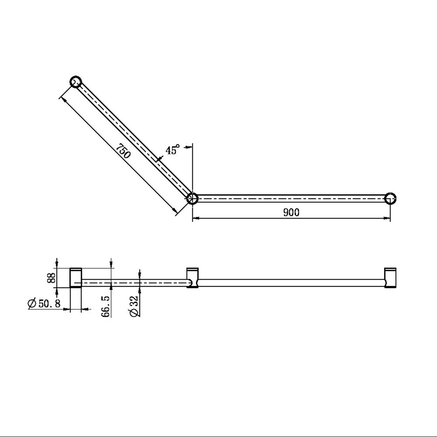 Mecca CARE 32MM DDA Haltegriff 45° 750X900MM Stützgriff