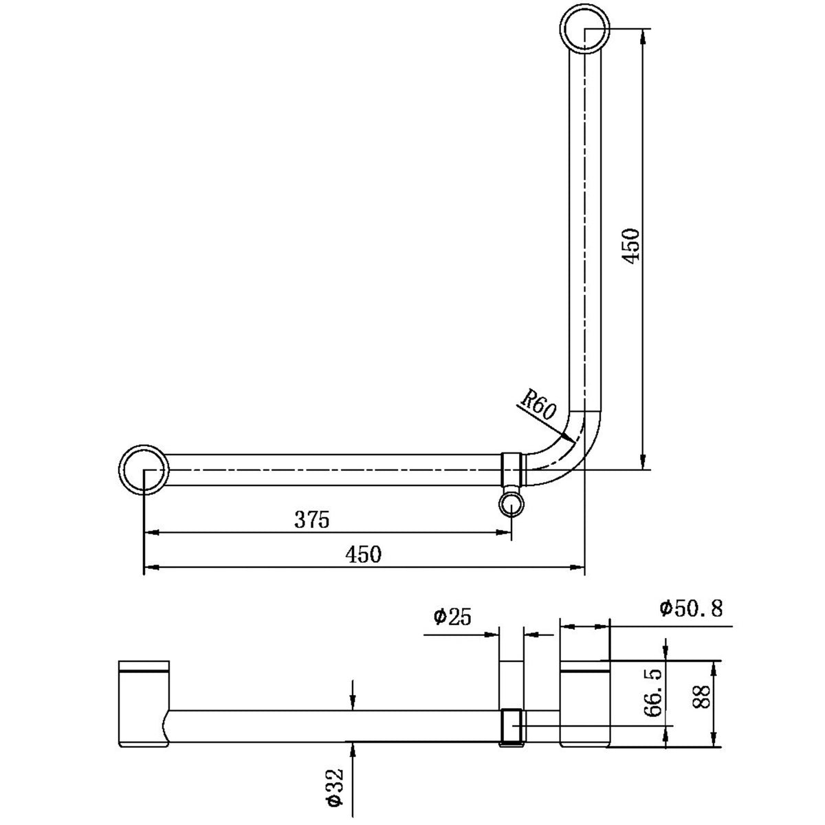 Mecca CARE 32 MM AMBULANT 90° Haltegriff für Dusche oder Bad 450X450 MM Stützgriff