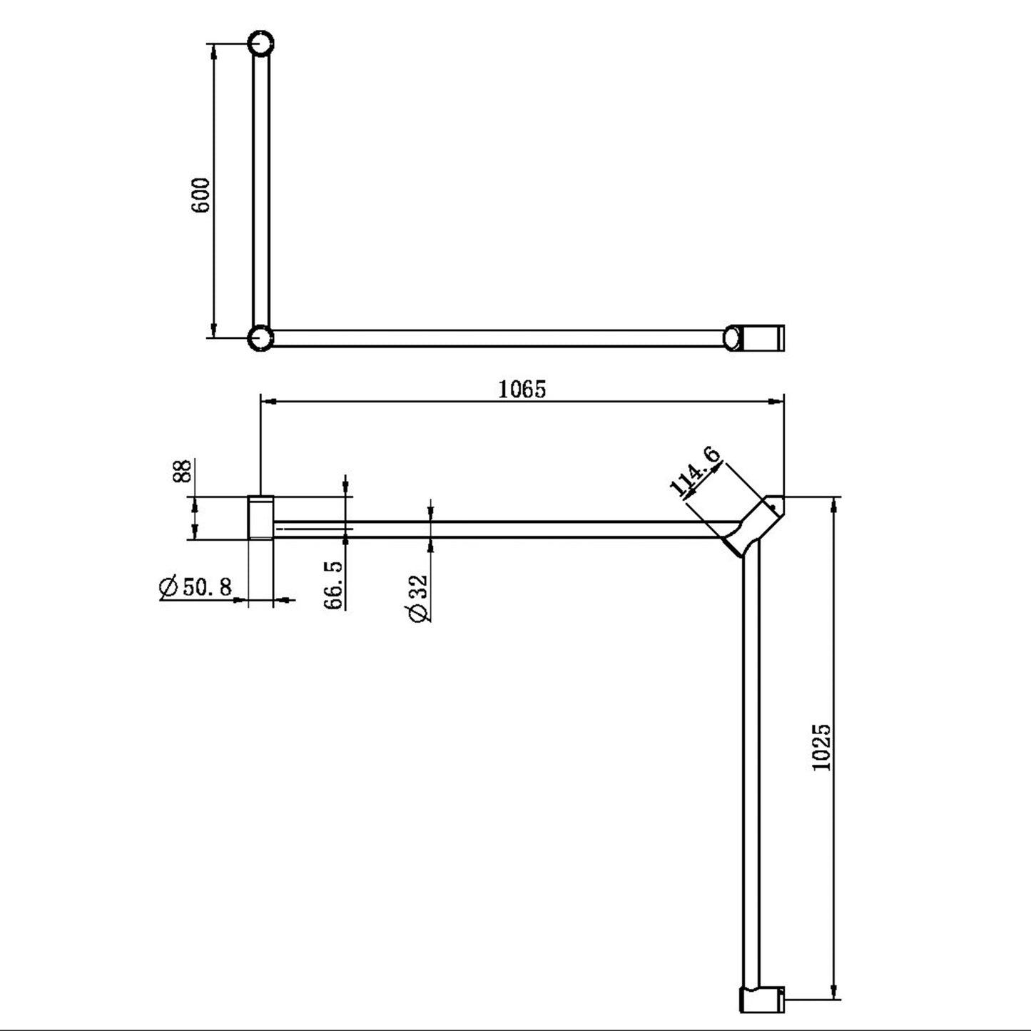 Mecca CARE 32 mm DDA WC Haltegriff Set, 90° durchgehend, 600 x 1065 x 1025 mm Stützgriff