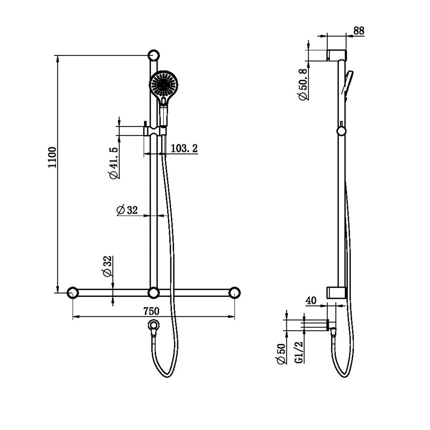 Mecca CARE 32-MM T-Brausestange mit Sützgriff und Handbrause, 1100X750MM