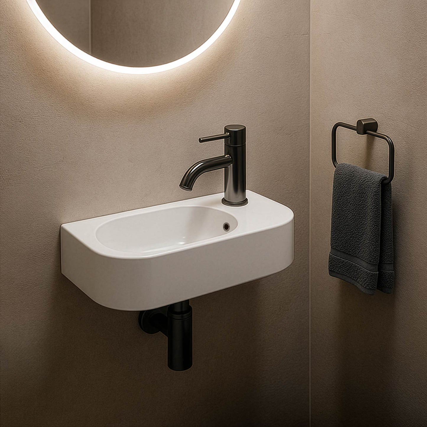 Gäste WC Waschbecken PARK 40x20 cm aus Mineralguss für Wandmontage oder Aufsatzwaschbecken mit Hahnloch Rechts