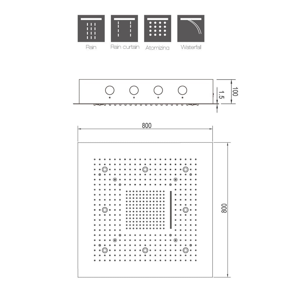 Soho Regendusche 80x80 LED Wasserfall & Nebel mit Einbaurahmen