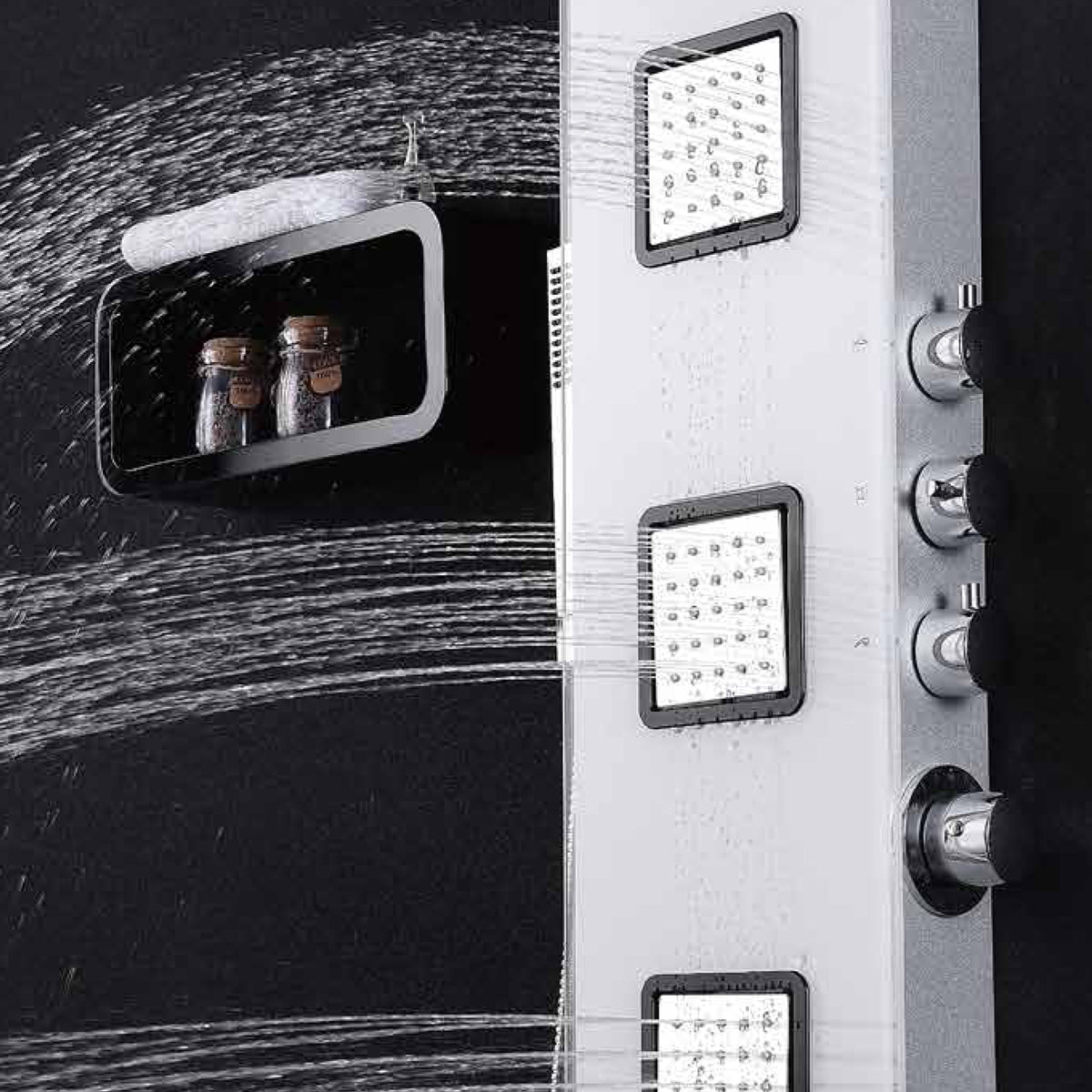 Duschpaneel aus Glas mit Thermostat in Weiss mit XXL Regendusche