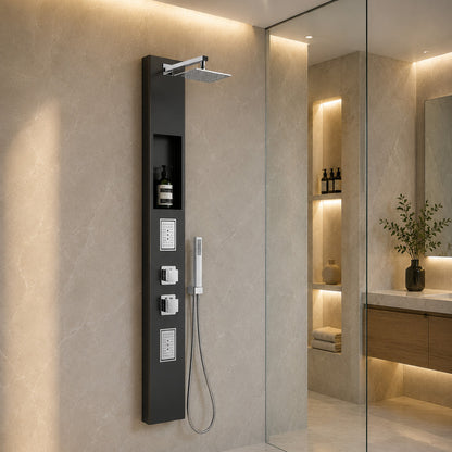 XXL Duschpaneel in Gunmetal Gebürstet Thermostat und integrierter Nische