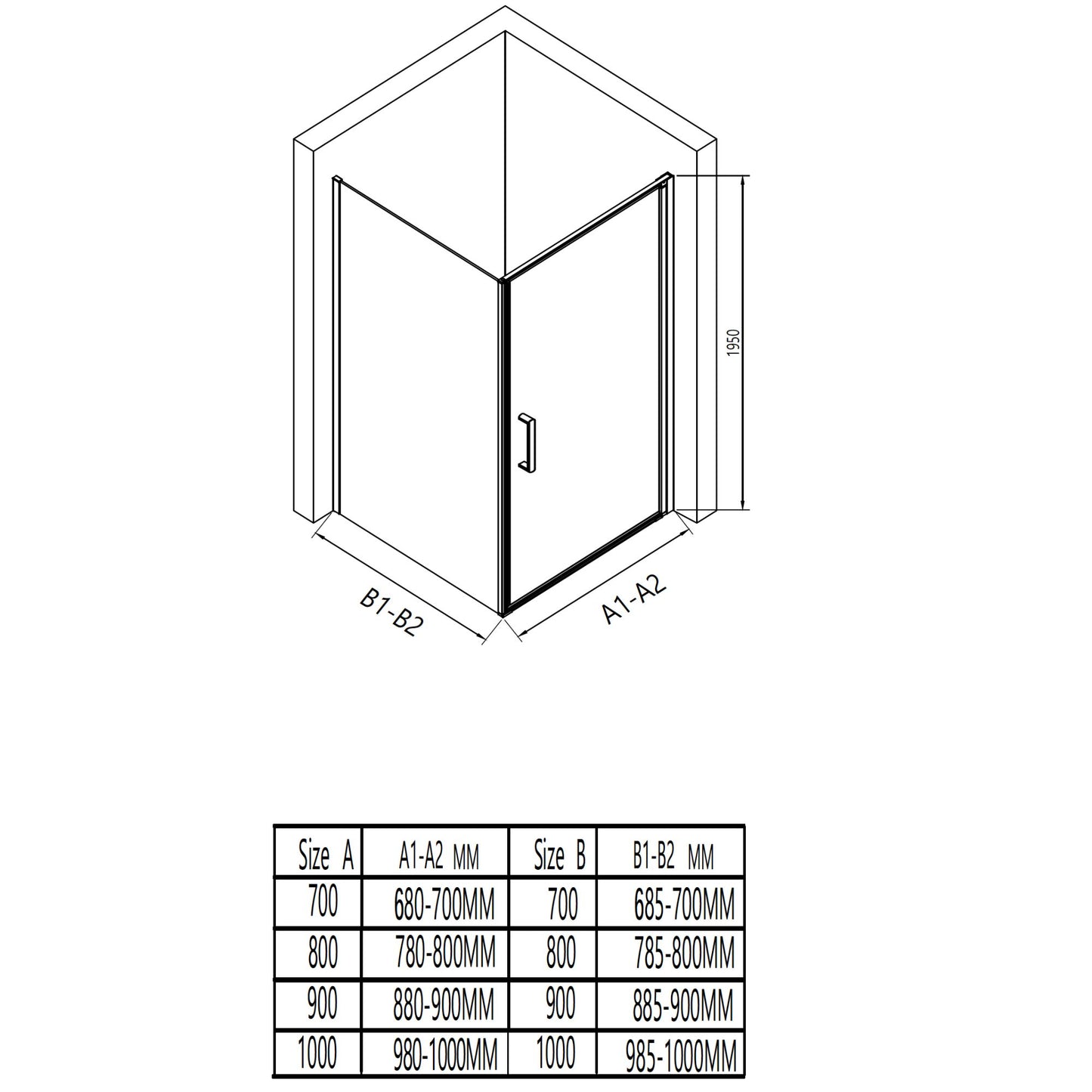 Eck-Duschkabine mit Drehtür – 8 mm Sicherheitsglas in Chrom, versch. Größen
