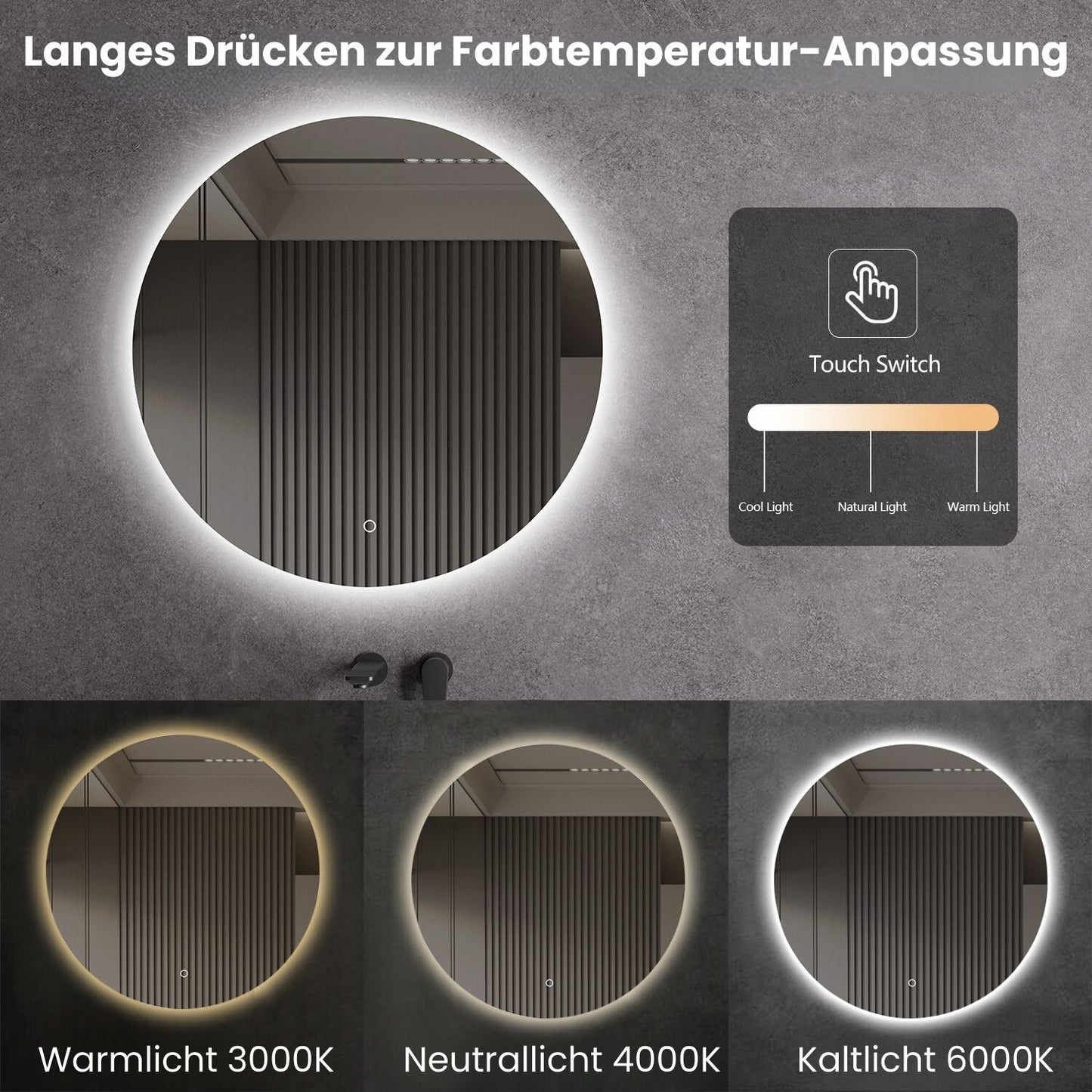 LED Spiegel Ø 60/80/100 cm mit Spiegelheizung Warm-/Kaltlichteinstellung Badspiegel