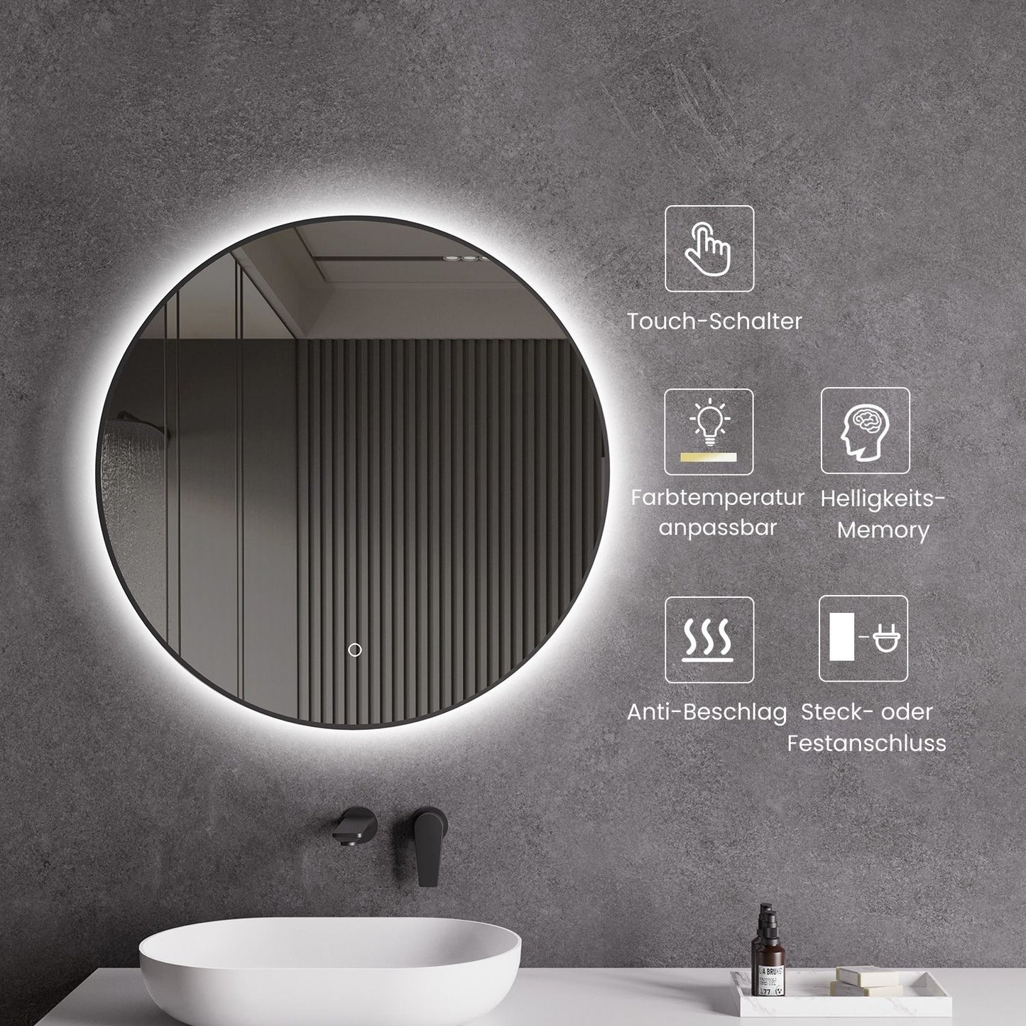 LED Spiegel mit Spiegelheizung Ø 60, 80, 100 cm Schwarz Matt Warm-/Kaltlichteinstellung Badspiegel