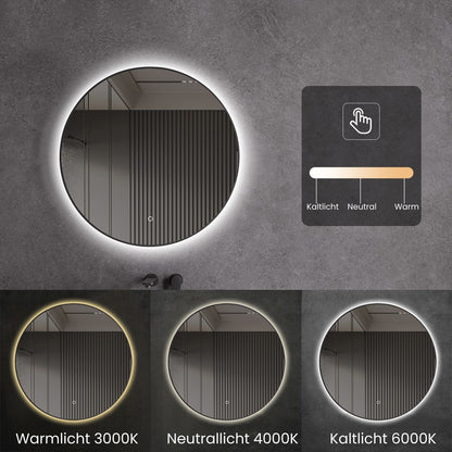 LED Spiegel mit Spiegelheizung Ø 60, 80, 100 cm Schwarz Matt Warm-/Kaltlichteinstellung Badspiegel