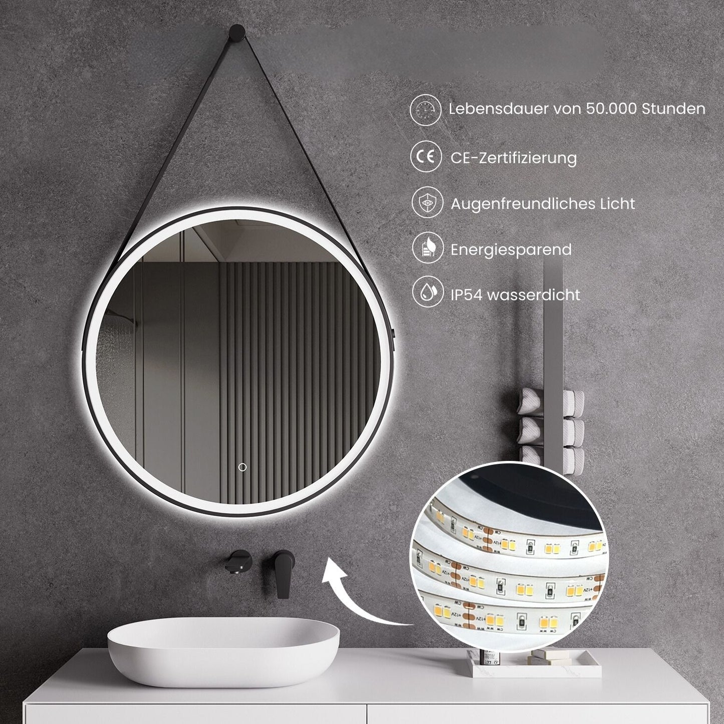 LED Spiegel Spiegelheizung Ø 60 oder 80 Schwarz Matt Warm-/Kaltlichteinstellung Badspiegel Lederschleife