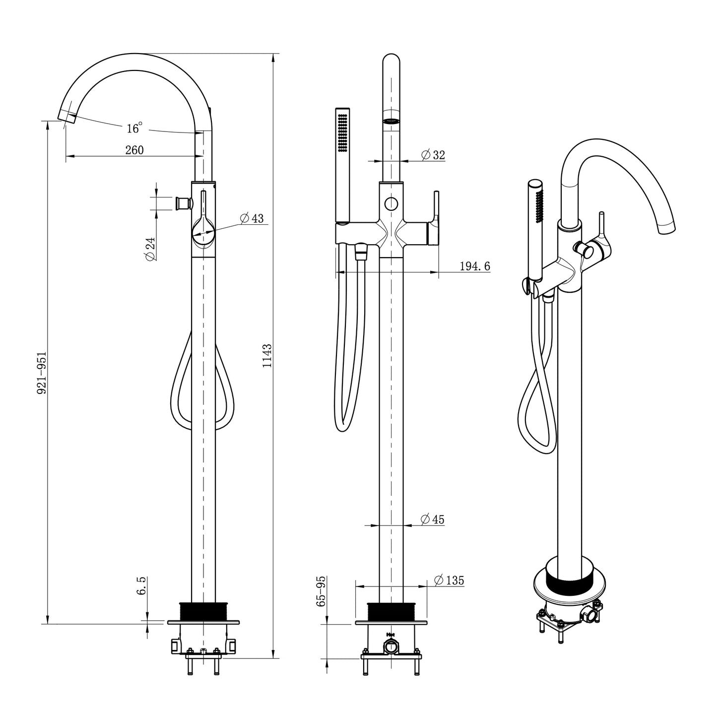 Freistehende Badewannenarmatur Park Schwarz Matt Standarmatur
