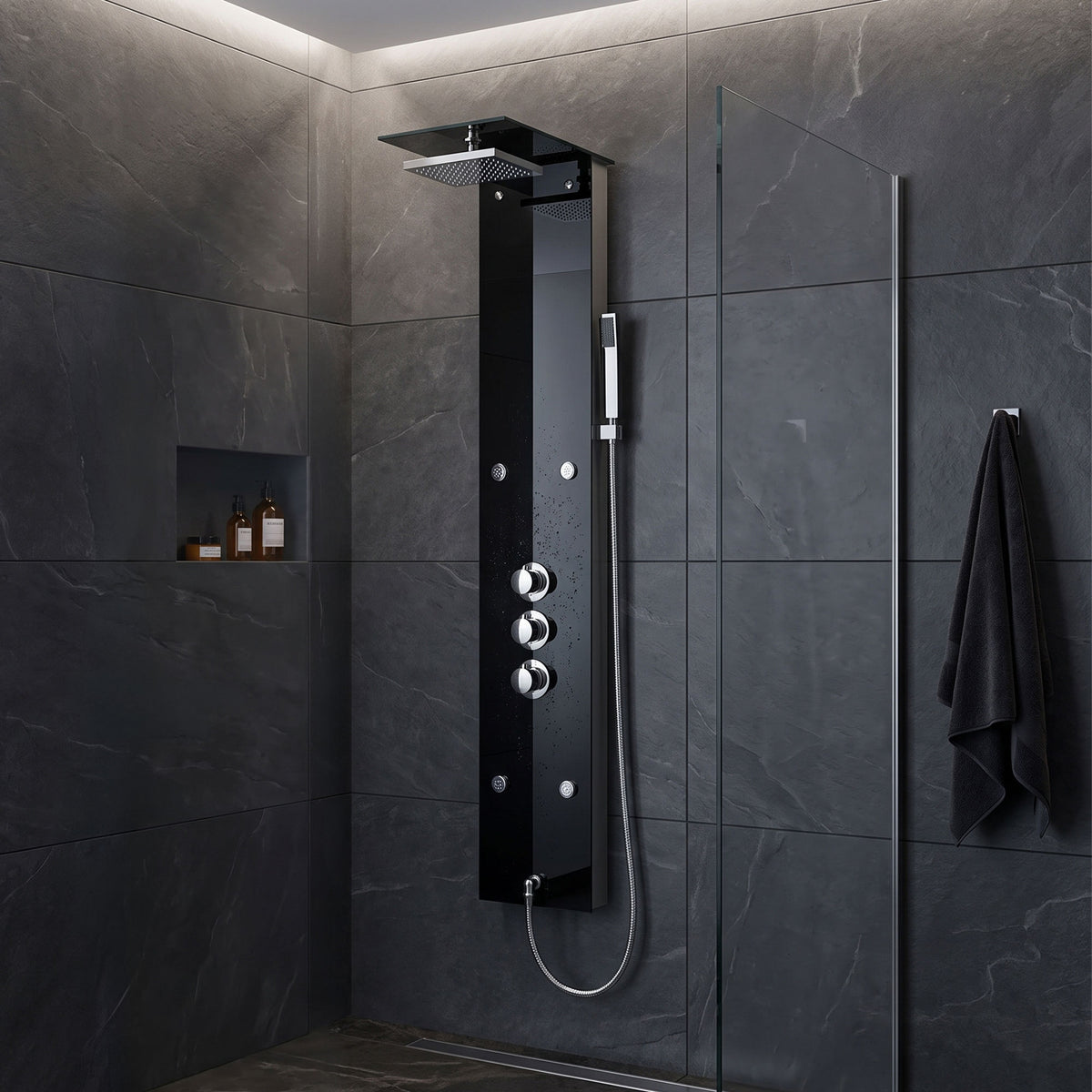 Edles Glas Duschpaneel mit Thermostat Schwarz