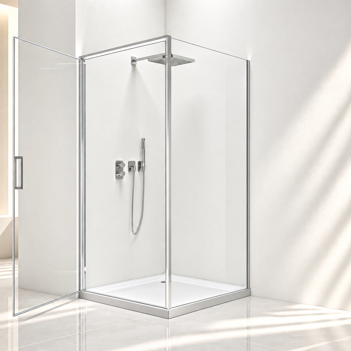 Eck-Duschkabine mit Drehtür – 8 mm Sicherheitsglas in Chrom, versch. Größen