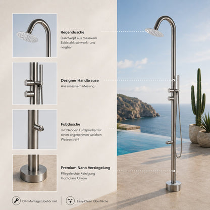 Designer Garten Duschsäule Serie SOHO mit Regendusche und Handbrause aus Edelstahl Gartendusche