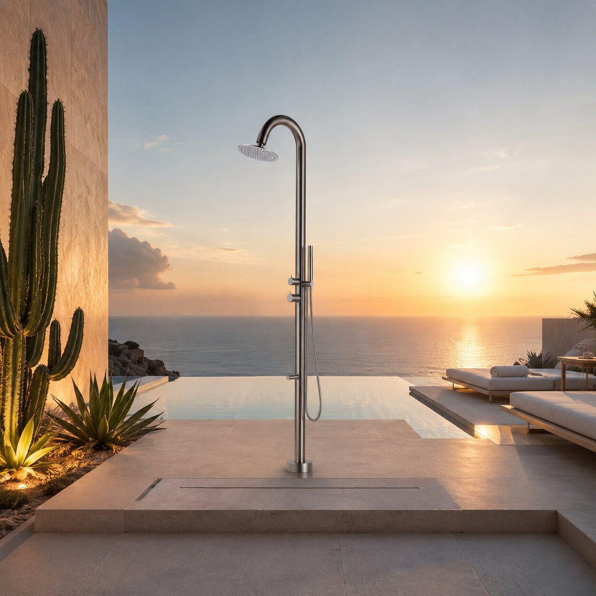 Designer Garten Duschsäule Serie SOHO mit Regendusche und Handbrause aus Edelstahl Gartendusche