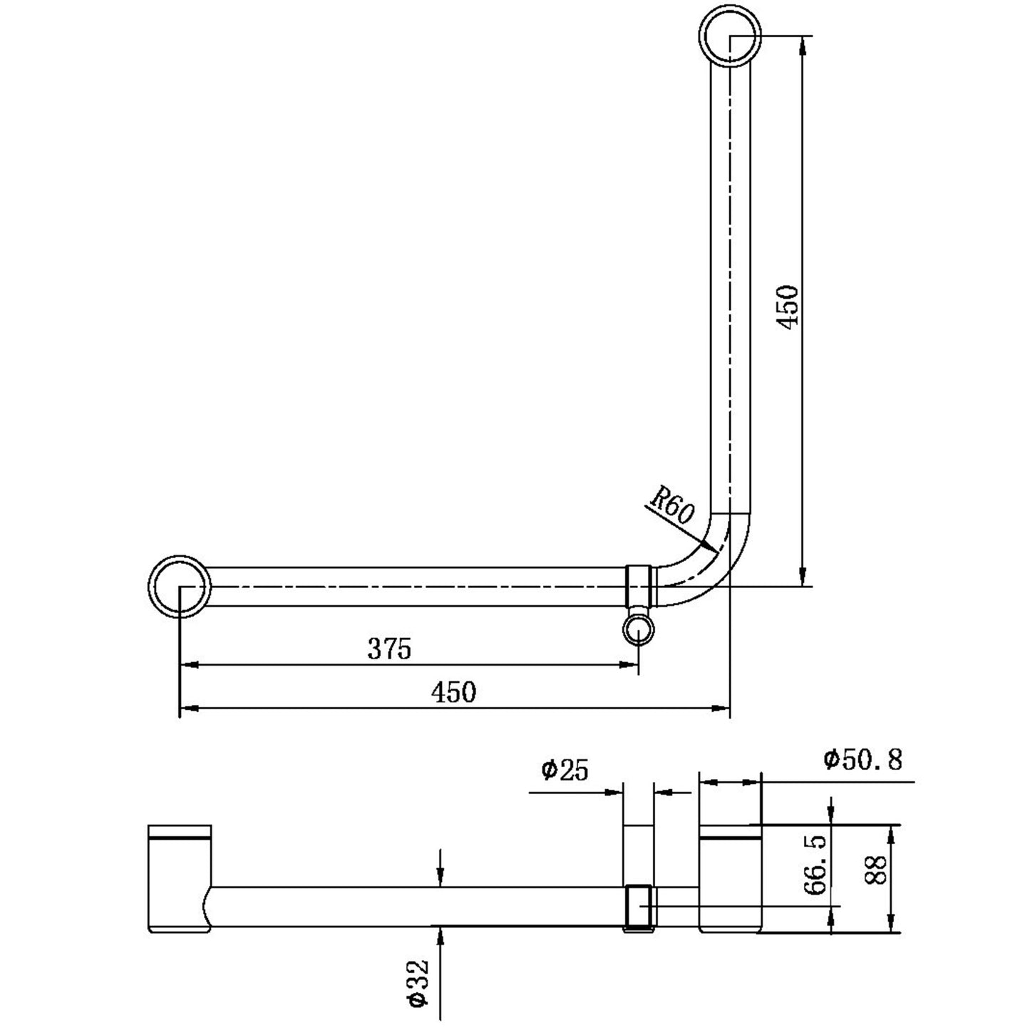 Mecca CARE 32 MM AMBULANT 90° Haltegriff für Dusche oder Bad 450X450 MM Stützgriff