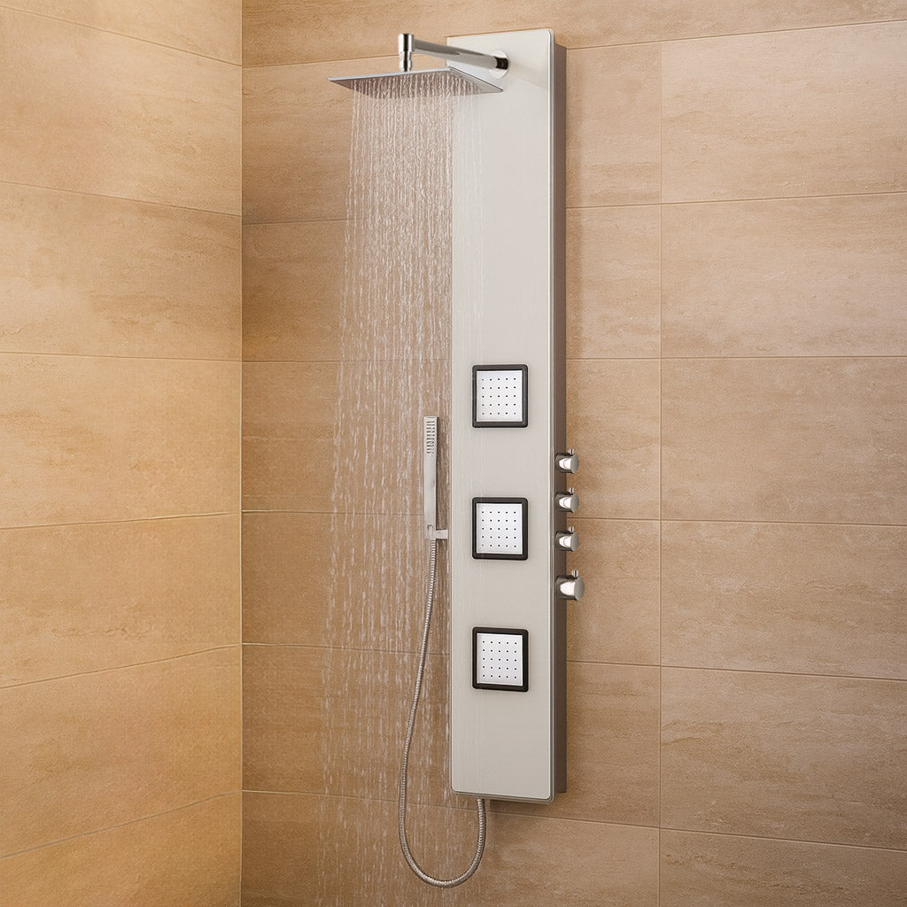 Duschpaneel aus Glas mit Thermostat in Weiss mit XXL Regendusche