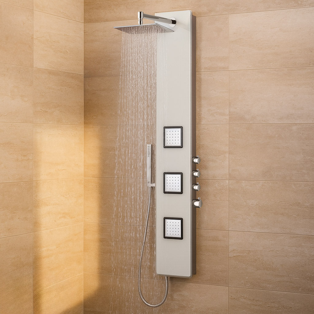 Duschpaneel aus Glas mit Thermostat in Weiss mit XXL Regendusche