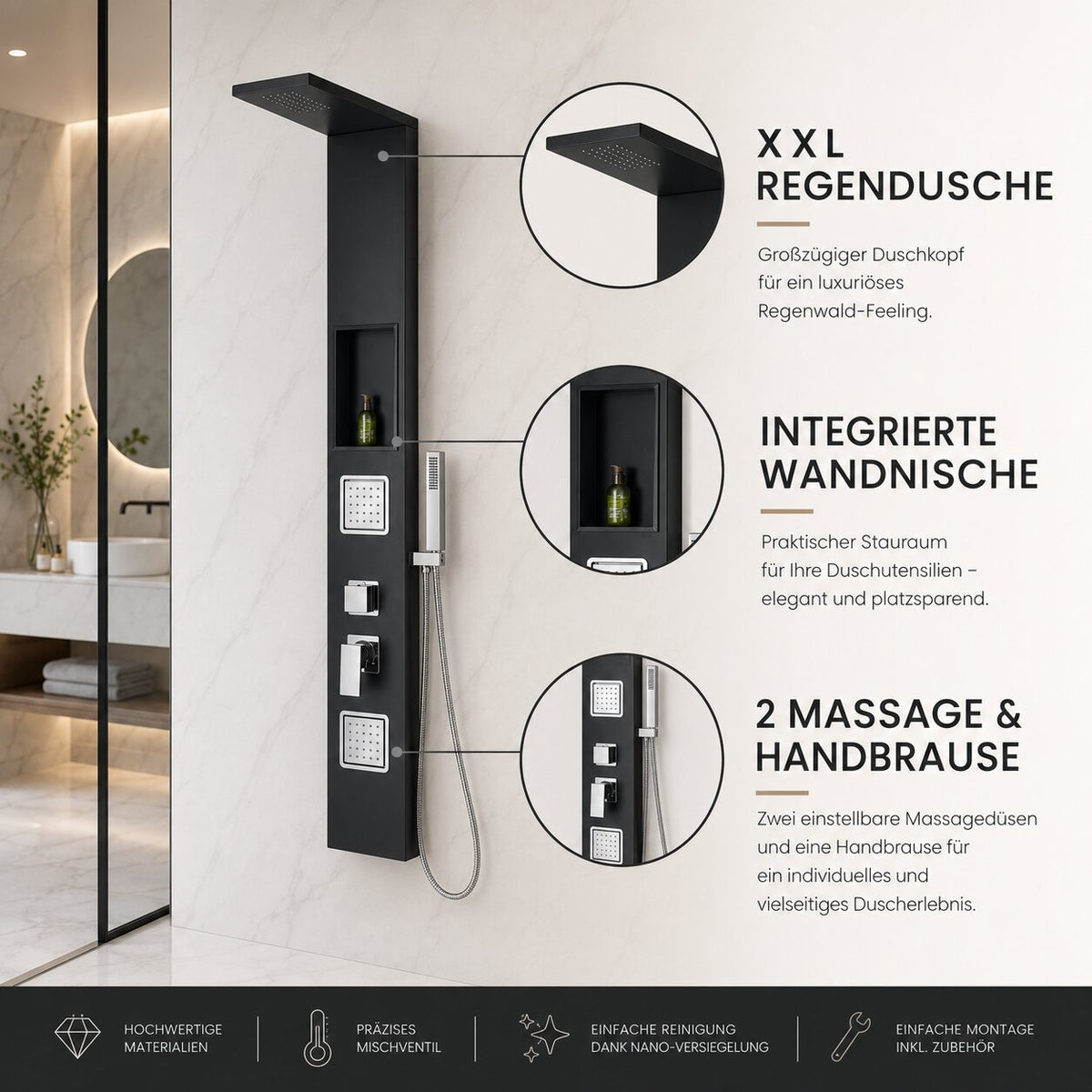 Duschpaneel in Schwarz Matt mit Mischerventil inkl. integrierter Wandnische