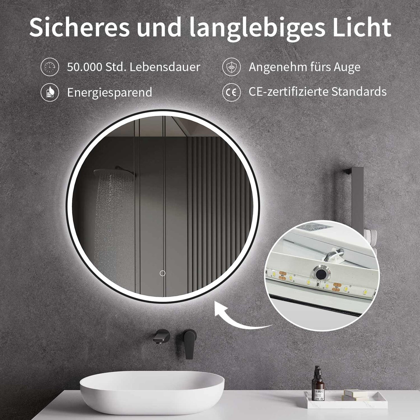 LED Spiegel mit Spiegelheizung Ø 60, 80, 100 cm Schwarz Matt Warm-/Kaltlichteinstellung Badspiegel