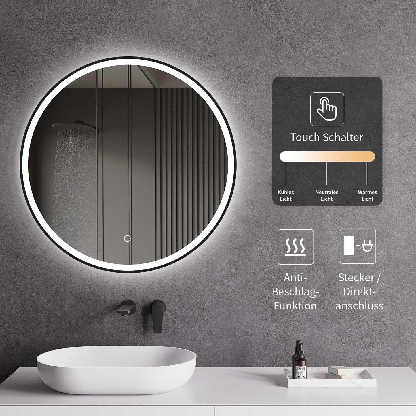 LED Spiegel mit Spiegelheizung Ø 60, 80, 100 cm Schwarz Matt Warm-/Kaltlichteinstellung Badspiegel