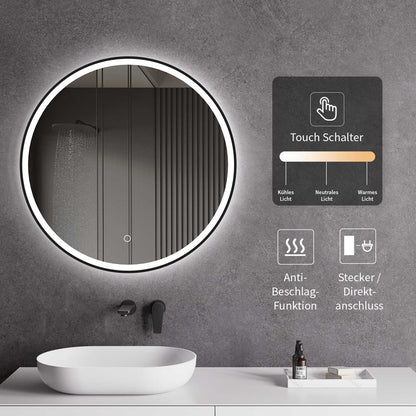 LED Spiegel mit Spiegelheizung Ø 60, 80, 100 cm Schwarz Matt Warm-/Kaltlichteinstellung Badspiegel