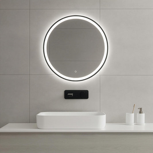 LED Spiegel mit Spiegelheizung Ø 60, 80, 100 cm Schwarz Matt Warm-/Kaltlichteinstellung Badspiegel