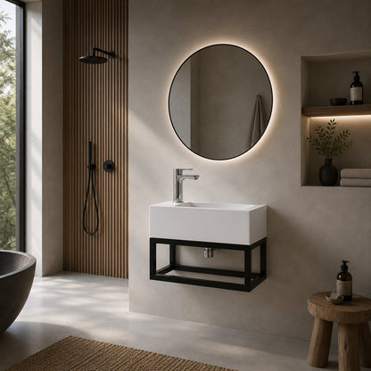 STILFORM Gäste WC Waschbecken Soho Industrial Design aus Mineralguss mit Metallgestell Schwarz Matt mit Hahnloch