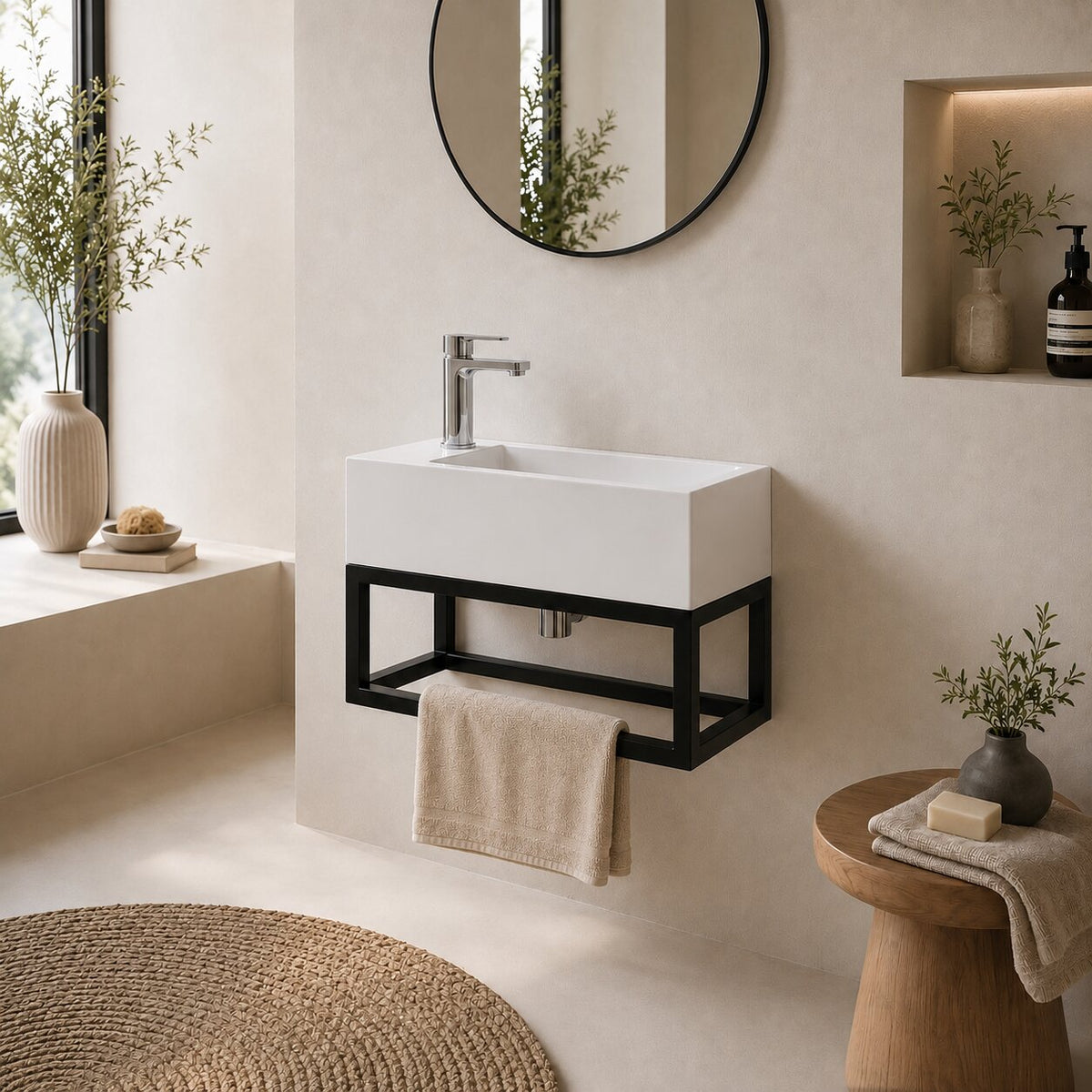 STILFORM Gäste WC Waschbecken Soho Industrial Design aus Mineralguss mit Metallgestell Schwarz Matt mit Hahnloch