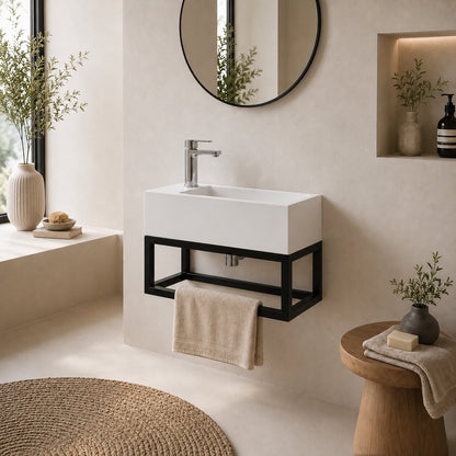 STILFORM Gäste WC Waschbecken Soho Industrial Design aus Mineralguss mit Metallgestell Schwarz Matt mit Hahnloch