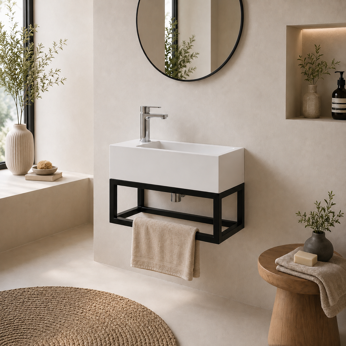 STILFORM Gäste WC Waschbecken Soho Industrial Design aus Mineralguss mit Metallgestell Schwarz Matt mit Hahnloch