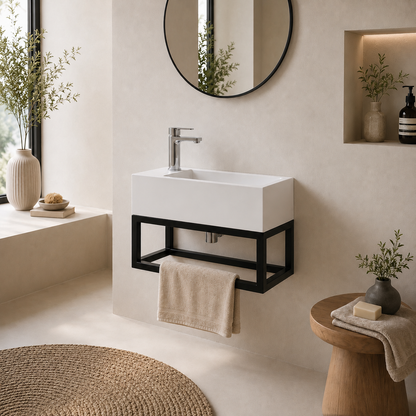 STILFORM Gäste WC Waschbecken Soho Industrial Design aus Mineralguss mit Metallgestell Schwarz Matt mit Hahnloch