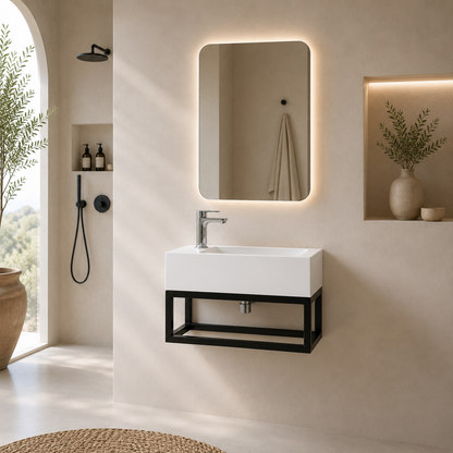 STILFORM Gäste WC Waschbecken Soho Industrial Design aus Mineralguss mit Metallgestell Schwarz Matt mit Hahnloch