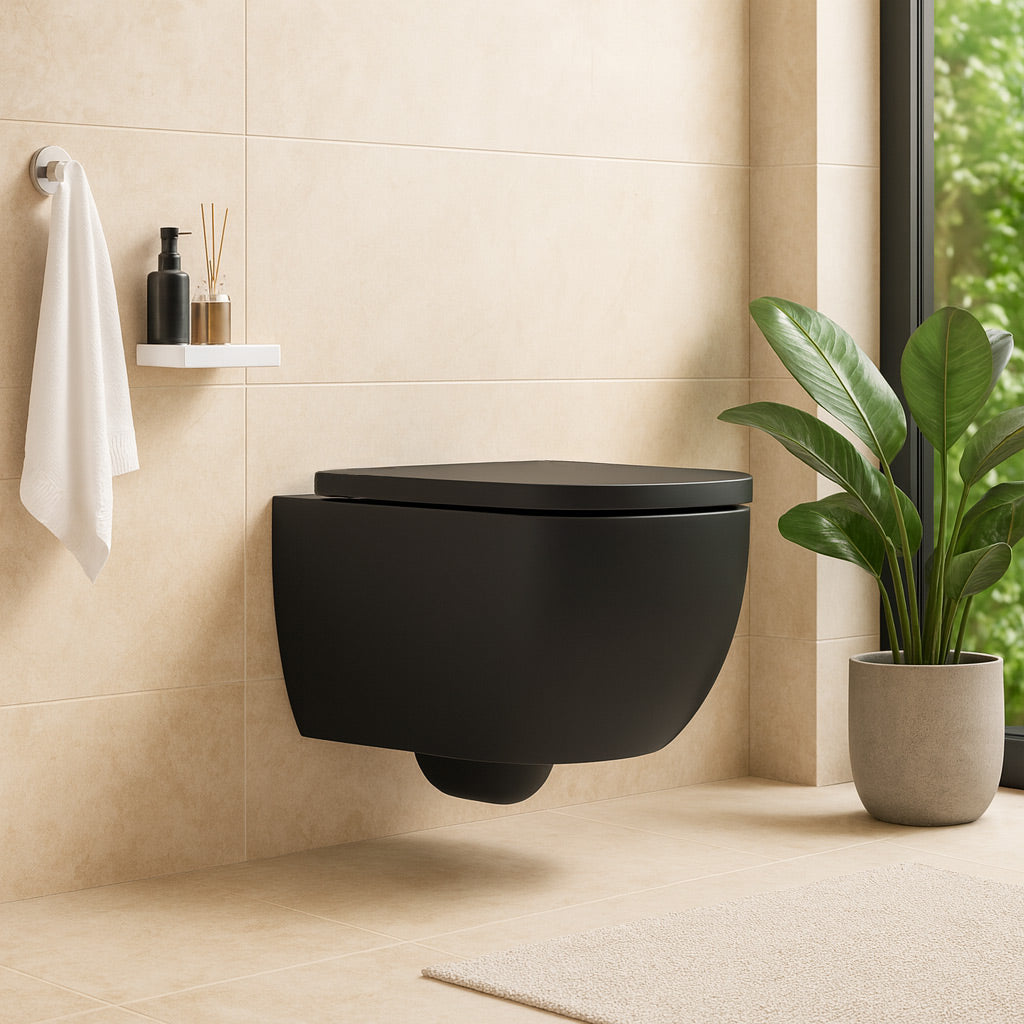 Soho Whirlflush Hänge Wand WC Spülrandlos Toilette Schwarz Matt mit WC-Sitz