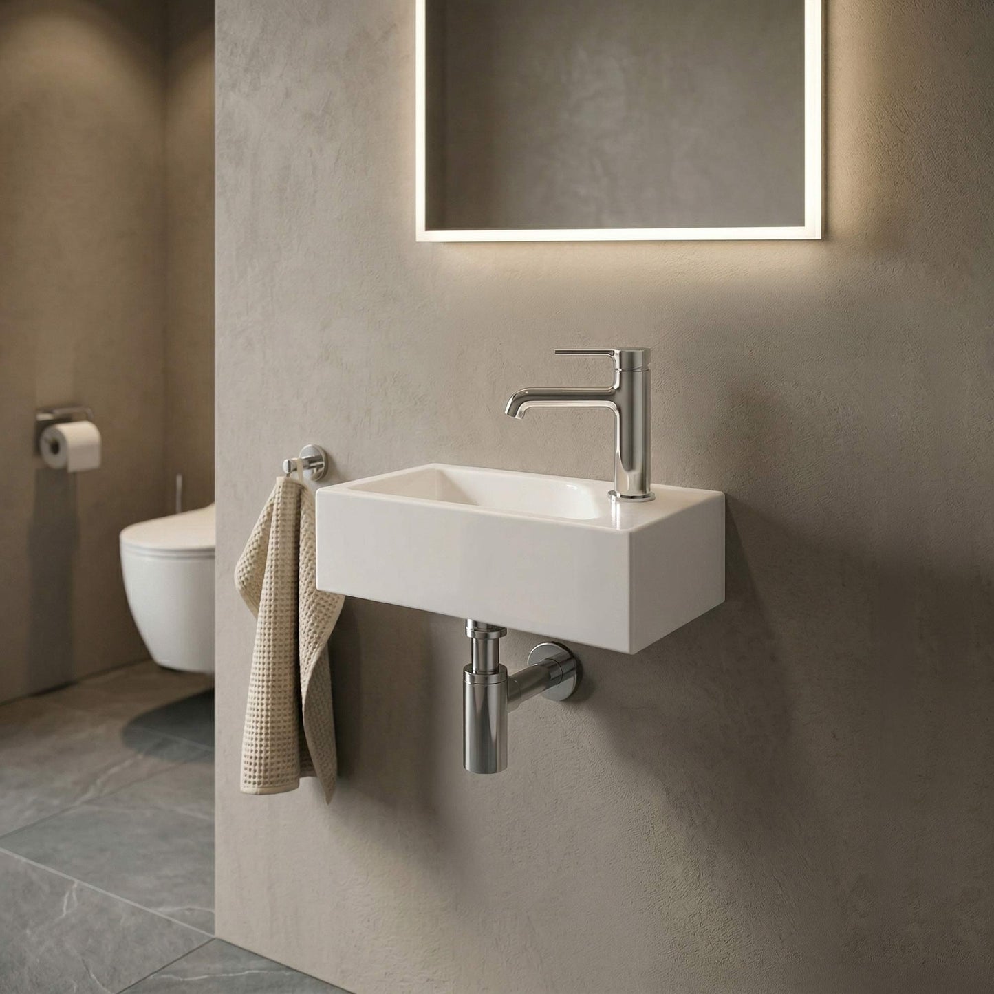 Gäste WC Waschbecken SOHO aus Mineralguss für Wandmontage oder als Aufsatzwaschbecken mit Hahnloch