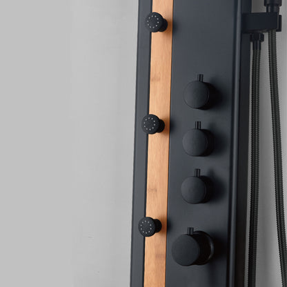 XXL Duschpaneel in Schwarz Matt mit Thermostat und echter Bambuseinlage