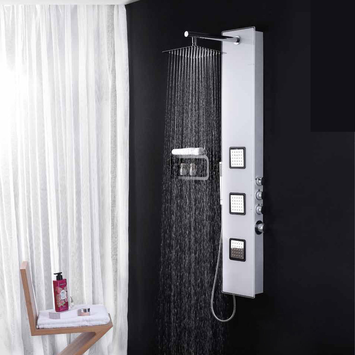 Duschpaneel aus Glas mit Thermostat in Weiss mit XXL Regendusche