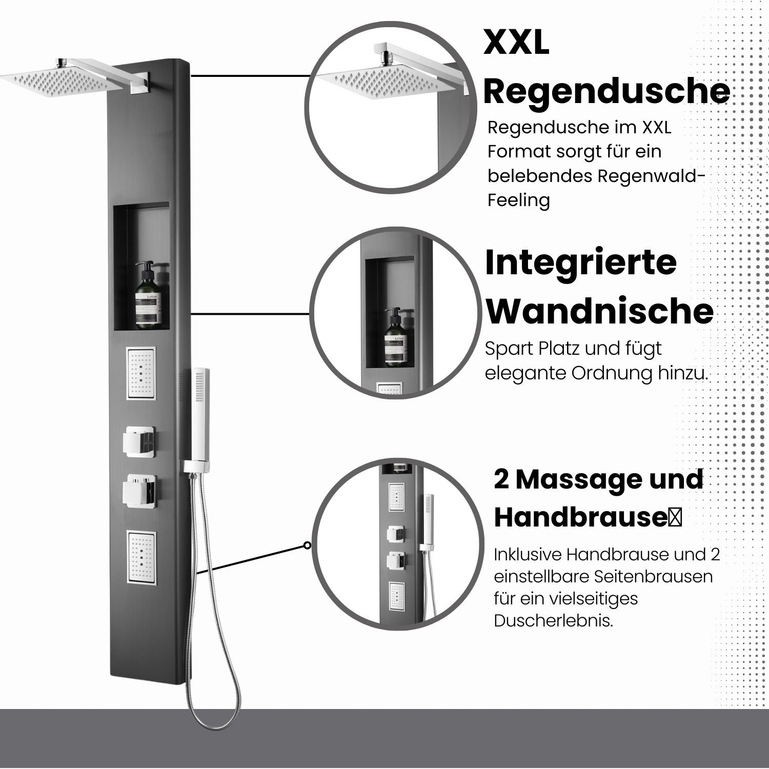 XXL Duschpaneel in Gunmetal Gebürstet Thermostat und integrierter Nische - Items