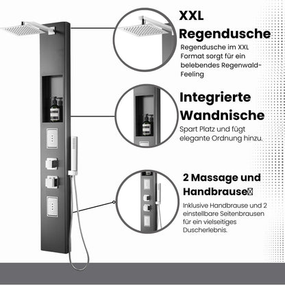 XXL Duschpaneel in Gunmetal Gebürstet Thermostat und integrierter Nische - Items